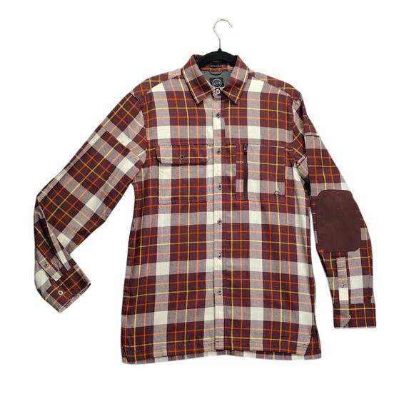 Wrangler Mens ATG Flannel Size Small Trapper Long Sleeve Brown Plaid Elbow Pads - Picture 1 of 10